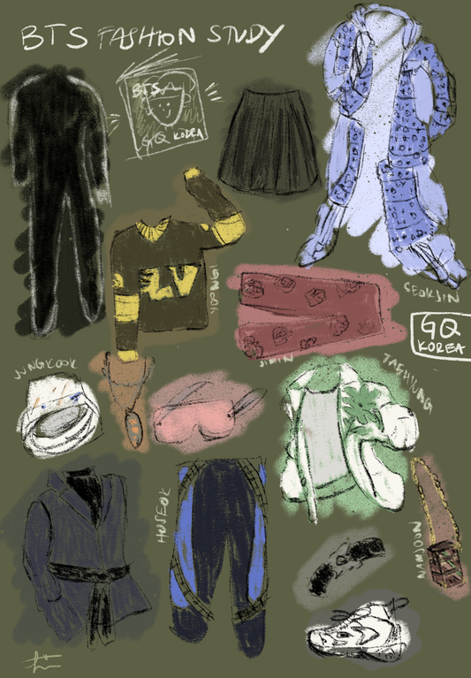 background is a doomed in picture of the print on a table. the print displayed is an olive green background with drawings of articles of clothing in a sketch manner.