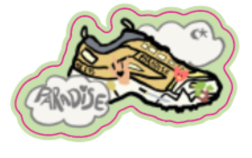 green sticker with a yellow shoe with various small symbols between two clouds. the front cloud says "paradise"