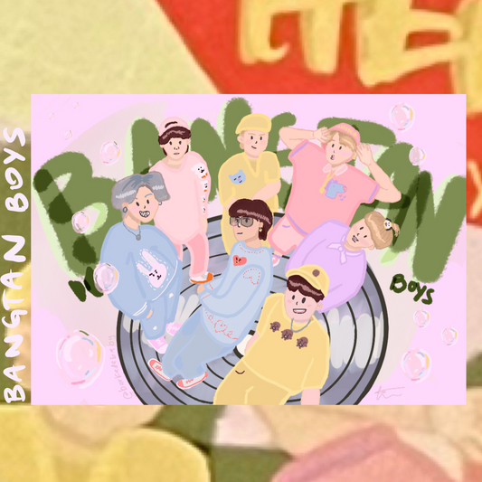 pink green background with seven people looking up, green text that reads bangtan boys. each person is wearing BT21 character themed outfit.