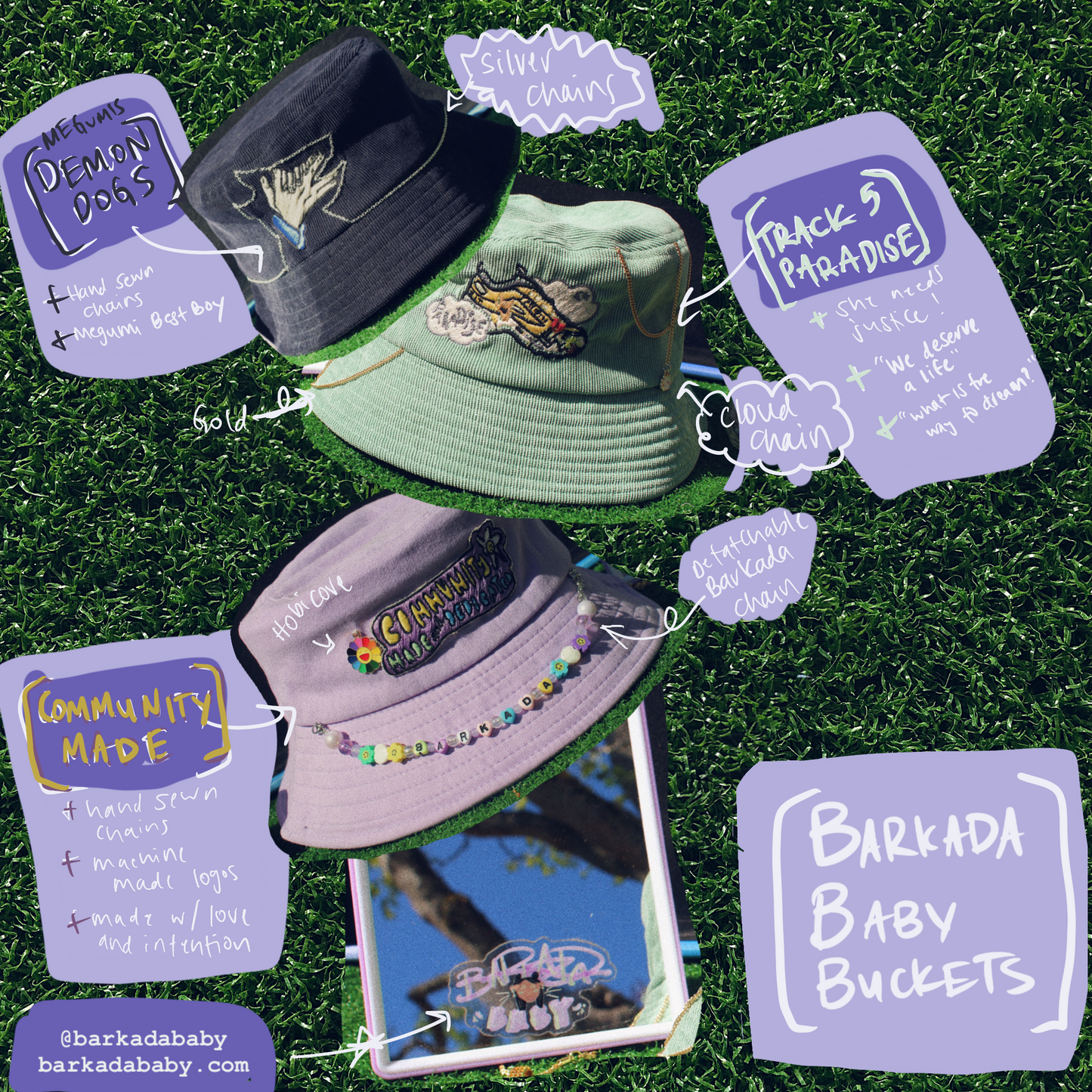 fake grass background with three hats stacked on top of eachother on top of a mirror with a barkada baby sticker on it. there are captions that the description reads on it